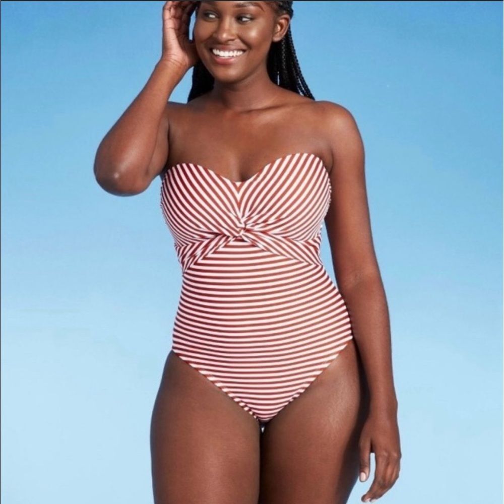 Kona Sol Twist Bandeau One Piece Swimsuit NEW Medium Red White Stripe